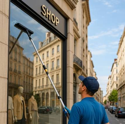 Nettoyage de vitrines extérieures et intérieures pour commerces à Lyon Ouest